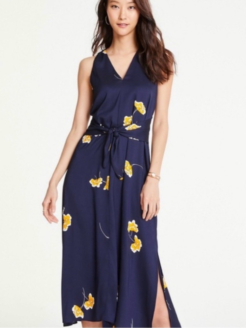 Ann Taylor Navy Floral V-Neck Tie-Waist Midi Dress